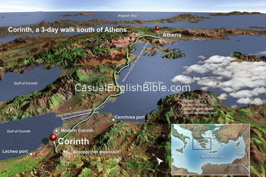 map of ancient Corinth and canal and Athens road to Corinth