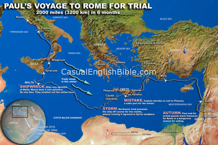 Map of Paul's voyage to Rome for trial