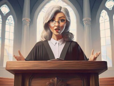 Illustration of a surprised female preacher at the pulpit.