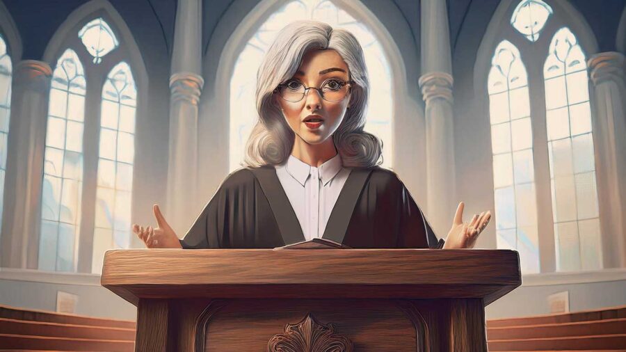 Illustration of a surprised female preacher at the pulpit.