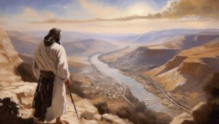 Artificial Intelligence image of Moses standing on Mount Nebo and looking at the Promised Land of Canaan.