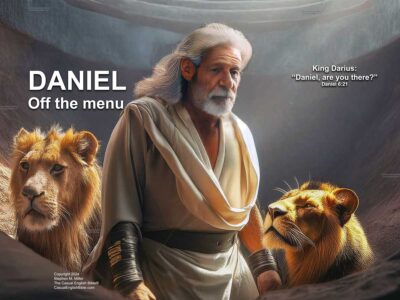 Casual English Bible art of Daniel in a pit with lions