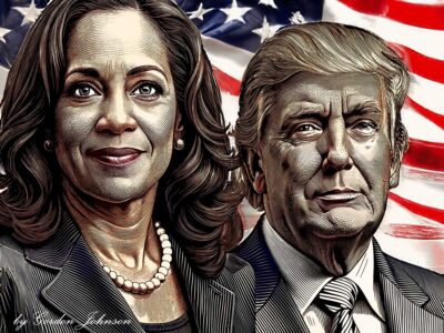 sketch of Kamala Harris and Donald Trump.